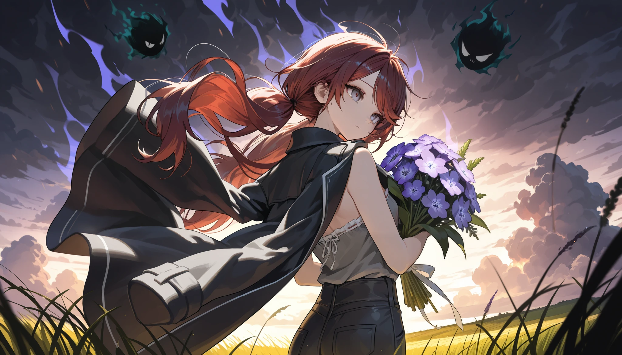 (masterpiece:1.2, Best Quality), (finely detailed beautiful eye: 1.2), (beautiful detailed face), (masterpiece:1.2, Best Quality), (finely detailed beautiful eye: 1.2), (beautiful detailed face),from above, from behind, looking out to sea, storm clouds, dark aura, dark energy, bristly hair, glowing eyes, dark aura, shadowy aura, upper body, thin girl, holding bouquet of purple flowers, expressionless, :l, Gray eyes, lifeless eyes, head tilt, dark red hair, swept bangs, low twin tails, white ribbons, strapless sleeveless shirt, gray shirt, shirt with white trim, frill trim, black coat worn over shoulders, black jeans, black nails, thin thighs, thin legs, field of colorful flowers , tall grass, atop cliff, close up, messy hair, stoic, shadowy aura, dusk, few stars,