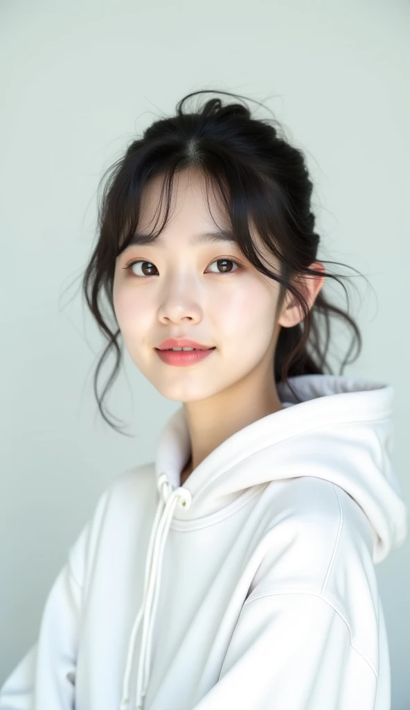 best quality， ultra high resolution， White background，（realistically：1.4）， girl， A pair of eyes as clear as snow,Royal sister，Black long straight， looking at the audience， close up ，