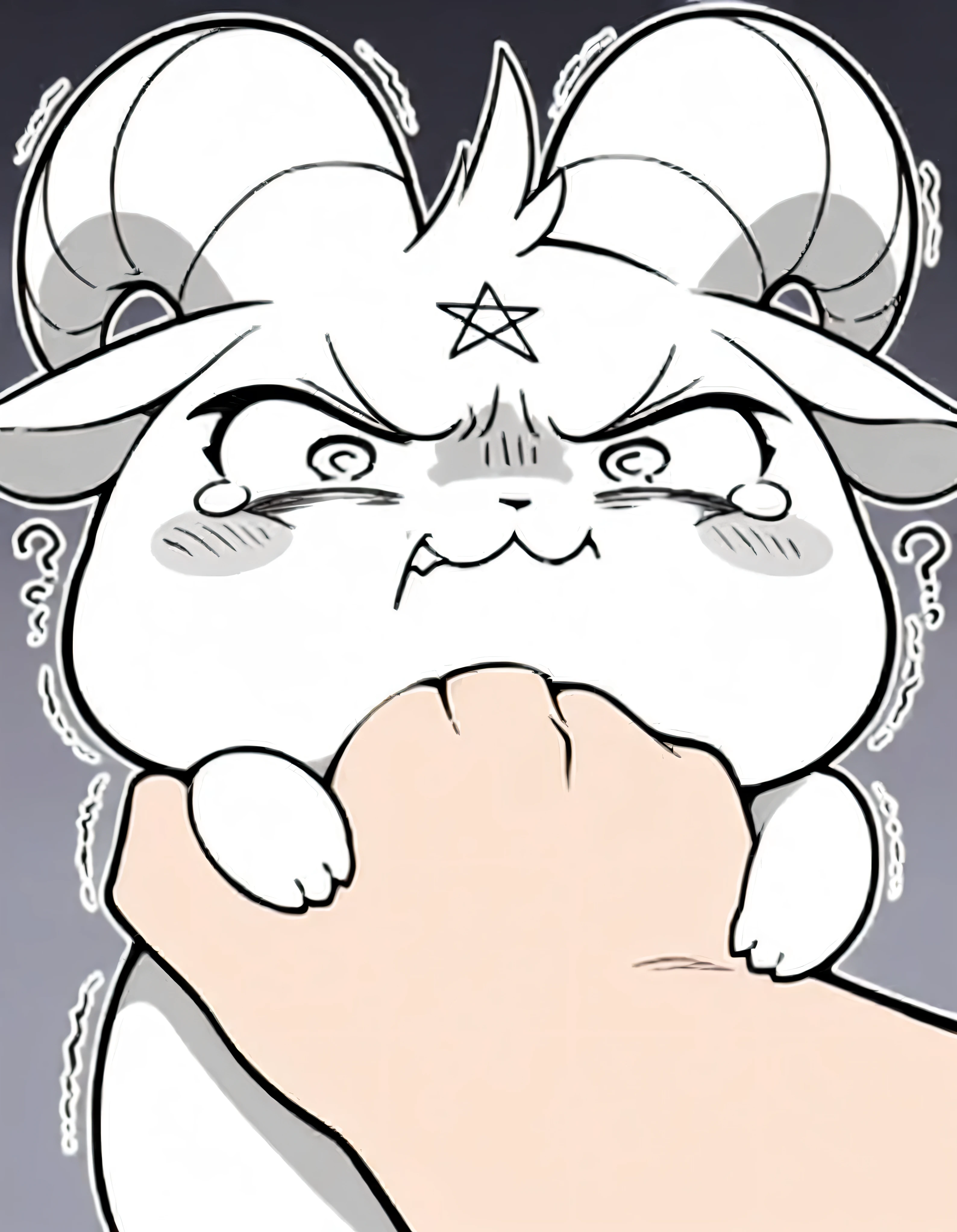 [Theme - Palm 🫳] [Daily Challenge] [Model Test*] - masterpiece, best quality, giant_hand, GrimV25, irritation_expression, solo, GrimV25, chibi, small, curved horn, pentagram on forehead, large pupil, being squished by giant_hands, (funny expression), squished_face, grumpy, (GrimV25 hugging human_hand with snuggles/biting/love/tease), :3