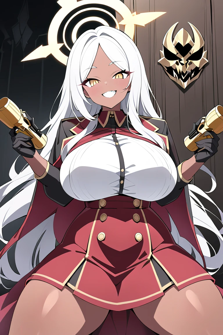 1girl, white hair, long hair, red eyes, serious, glowing eyes, large breasts, thick thighs, mature female, athletic female, toned, leotard, black leotard, thighhighs, belt, knife, knifes, pantyhose