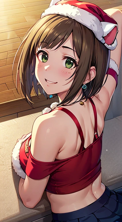 NSFW,((One Man and One Woman,Having sex)),Selfie,Bare breasts,idolmaster, Chieri Ogata,short twin tails with reddish-brown hair,,,small tits,Brown-eyed,Green Idol Costume,Smile with open mouth,Beautiful breasts,Top image quality,Best Quality