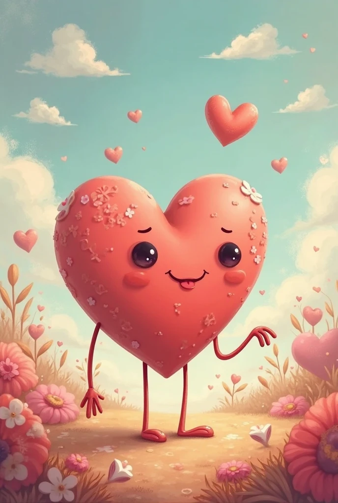 Please generate a picture where a heart with hands and feet is walking and smiling, and a man beside her holds her hand