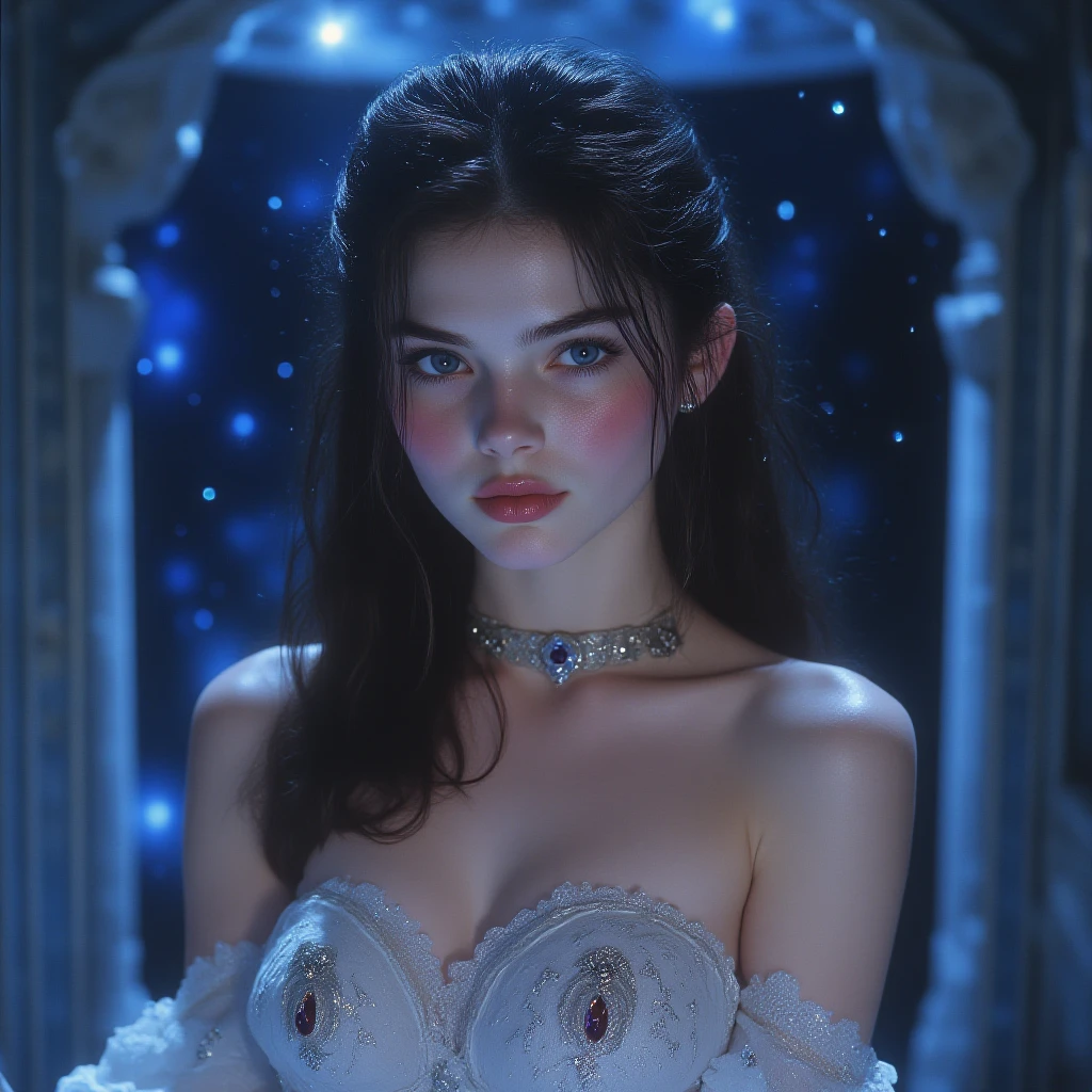 1girl, solo, black hair, gloves, dress, realistic <lora:lace-HXZ:0.7>cleavage,jewelry,medium breasts,unbuttoned clothes,choker, night sky, realistic, black gloves,jewelry, looking at viewer, outdoors, jewelry, feathers, earrings, realistic, long hair, brown hair, necklace, breasts, hair ornament, looking at viewer, dress, blue eyes, upper body, lips, feather hair ornament, flower, shadow, bare shoulders, small breasts, freckles