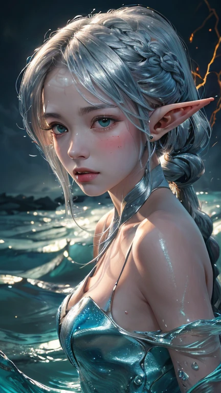 (Masterpiece: 1.3), (8k, Photorealistic, Photo RAW, Best quality: 1.4), (UHD), (Ultra high realism), (Ultra high definition), (Ultra high detail), (Increase contrast), (Increase saturation), (((1girl:1. 3)))), An elf woman, ((looks like a hybrid of Cabie Smulders and Eva Mendes, 21 years old))) (realistic face), with a perfect figure: 1,4, Pretty face, Beautiful face, (Realistic face), ((Elf ear)), Nice hairstyle, Realistic bright amber eyes, Nice details, (Realistic skin), Pale, smooth and luminous skin with iridescent sheen and no imperfections, Ultra high definition, Ultra realistic, Highly detailed, (Large breasts: 1.3), (Cleavage: 0.8), The elf immersed in the lake shrouded in a halo of darkness and mystery, looks up with arms outstretched above her head and hands clasped, conveying connection to the unseen. The gaze at the lunar light through the water evokes hope, wonder and contemplation, ethereal aspect. The folds of the water create serenity and stillness underwater, while the lunar light adds sparkles to the dress, creating a dreamy ambiance. her hair floats in the water like liquid silver snakes. Loose, silky strands are scattered around her(Straight, green hair, large breasts: 1,3), (Neckline), ((She wears a necklace of crystal beads that catches the moonlight and the water as she dives, reflecting soft, shimmering colors)), ((Slender figure: 1,2)), ((Toned waist), firm and curvaceous buttocks, ((plunging neckline)), ((The white Grecian dress is drenched in water, enhancing her figure and subtly showing off her contours. The neckline and details of the dress stand out)), Shot in 70mm, HQ, 8K (film grain: 1.3), 8k UHD, DSLR, soft lighting, high quality, HDRI, Fujifilm XT3.