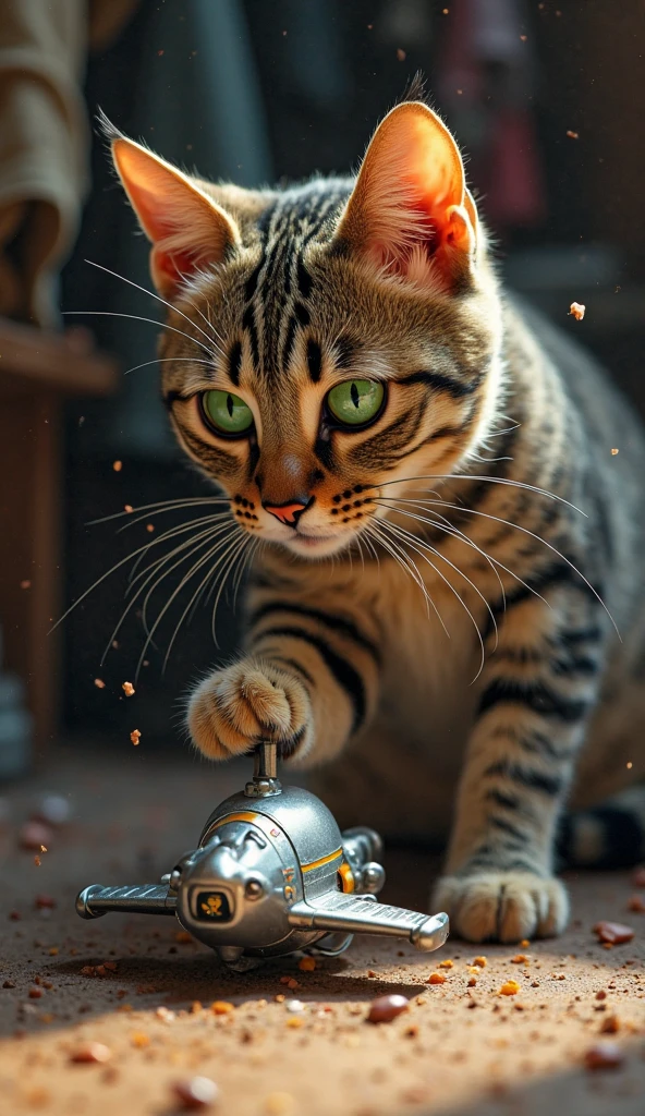 a cute kitten made of metal、Pose to play billiards、((The face is a real kitten cyborg:1.1)）、((The face is a real cute kitten cyborg:1.1)）、((The face is a real kitten robot:1.1)）、（The torso is a cyborg）、(The torso is a robot)、True Face、Pocket watch on chest、([tail | Detailed wire]:1.3)、(intricate-detail)、nffsw、(intricate-detail、ultra-detailliert:1.2)、Cinematic shots、vignettes、central、The background is a billiard hall