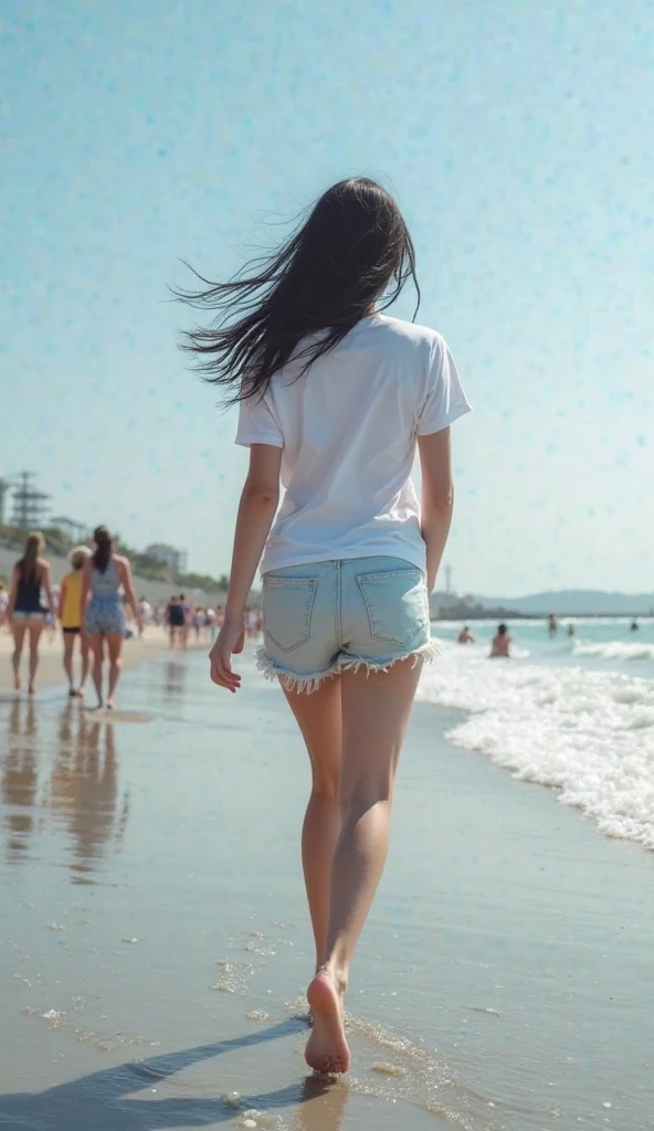 There is a woman standing on the beach looking at the water, girl looking at the ocean waves, standing beside the ocean, standing at the beach, at sea, in beach, back - shot, on the ocean water, standing near the beach, facing away from camera, backshots, posing on a beach with the ocean, Away from Camera