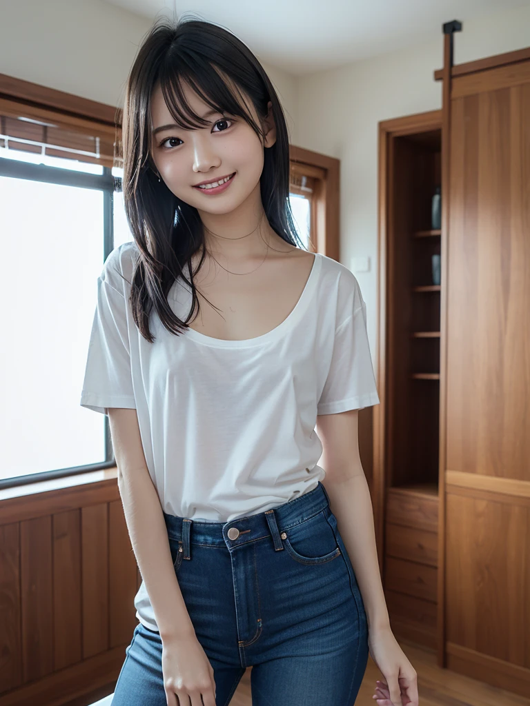 With the best image quality、age girl standing in room。Black Hair Bob Hair、Cute smile.。(tiny chest)、Denim Good、Denim panties