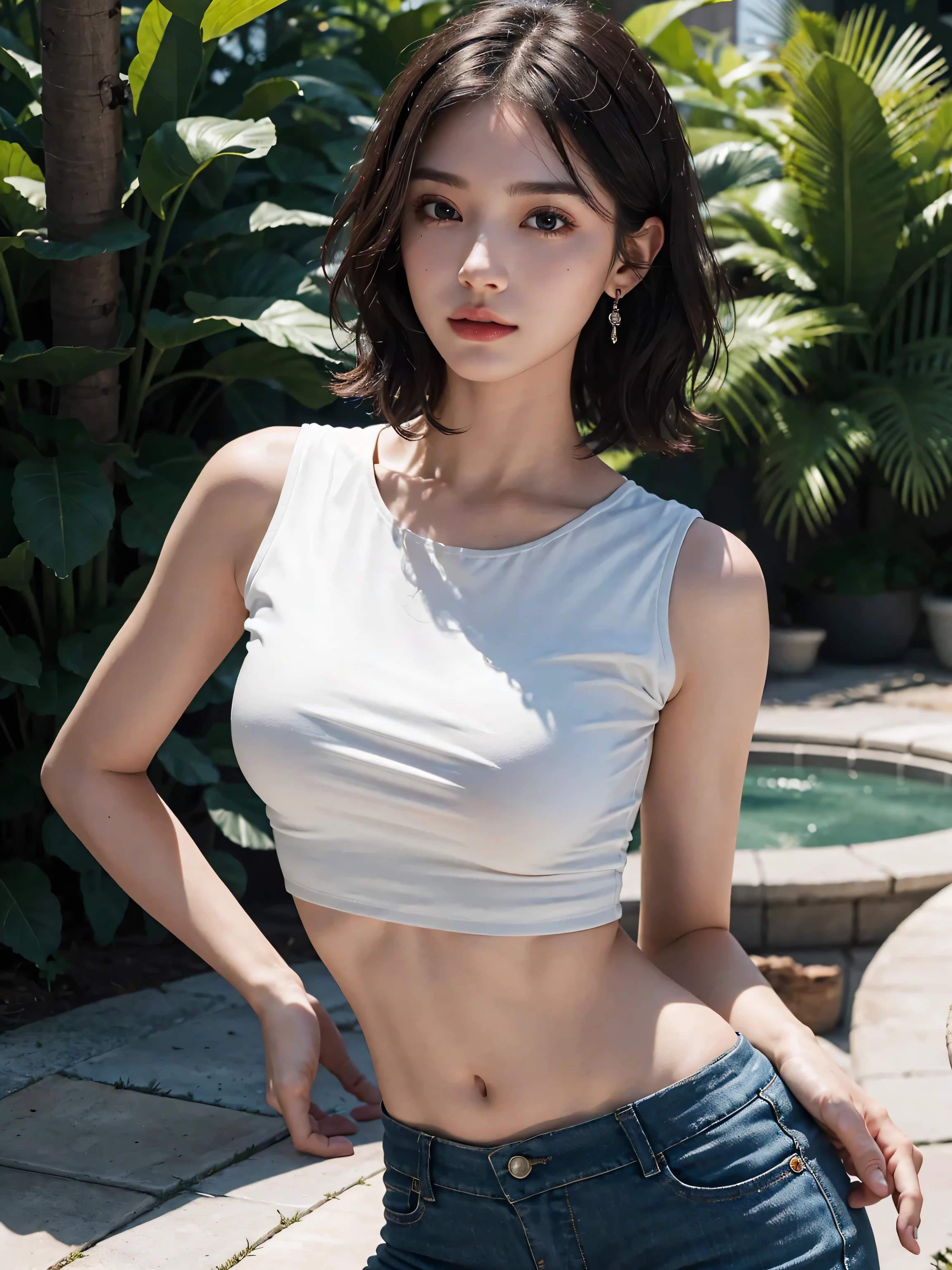 best quality, 1 Girl, dark blue hair, black eyes, Very short hair, Spiky hair, Crop Top white, High waist short white, 171 cm, Messy hair, Hair between the eyes, Medium , full, Tomboy, aldult, 20 years old, 1 Girl near yatch luxury at the sea