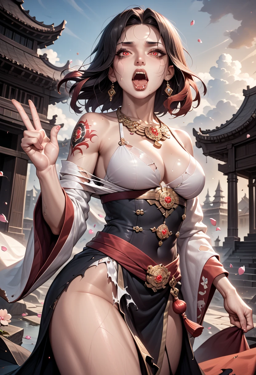 official art, unified 8k wallpaper, Super detailed, Beautiful and beautiful, masterpiece, best quality, (tangled, dispute, twist), (Fractal art: 1.4), 1 girl, black hair, Chinese, Bare shoulders and big breasts, short skirt, calf, navel, Very detailed, dynamic angle, cowboy shooting, (The most beautiful form of chaos), flowing, (bright colors), Oak, (half: 1.2), China, (Thangka Feitian: 1.5), (ribbon: 1.3), (Dream: 1.5), (Hanfu: 1.5), Chinese dragon, Chinese phoenix, (Smile: 0.5), (Chinese deity),