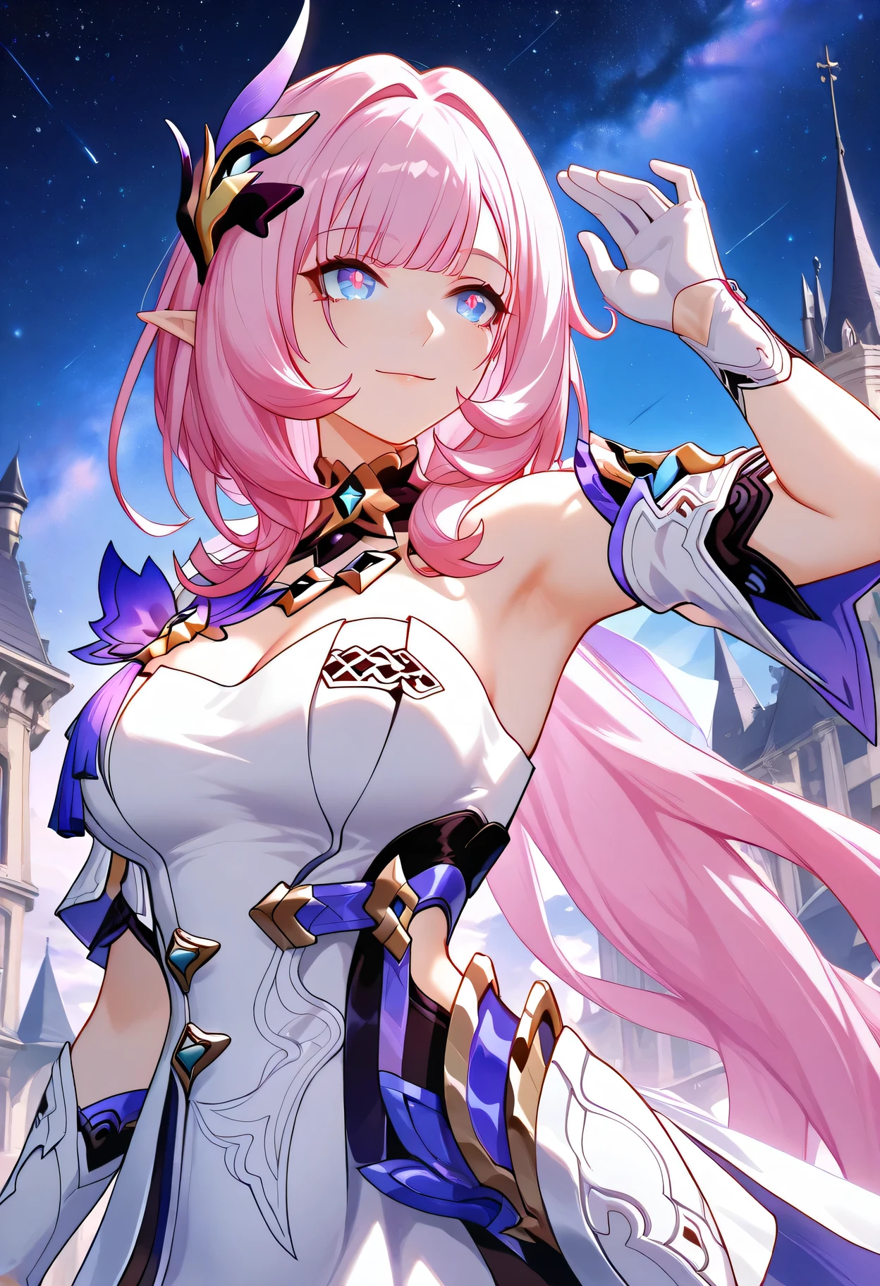 source_anime, masterpiece, best quality, 1girl, solo, Elysia, Ely_Def, In the castle, standing,Shooting an arrow, looking at you, gentle smile, long hair, pink hair, elf, elysia (honkai impact), white dress, white gloves, hair ornament, bare shoulders, cleavage, detached collar, short sleeves, detached sleeves, mature body, dynamic cowboy shot, outdoors, starry sky background, armpit