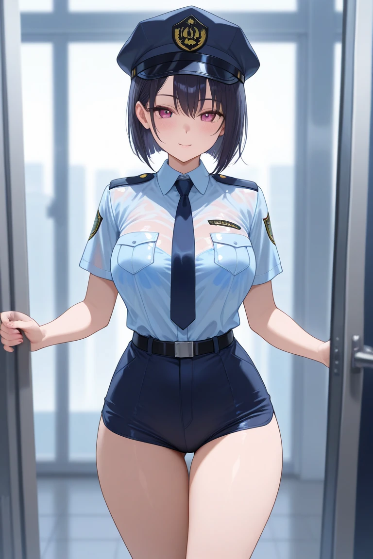 (best quality, masterpiece),20yo beautiful japanese girl,police officer,forensics blue work clothes,blue cargo pants,light brown side undercut,fade cut,short hair,(huge sagging breasts),nervous,holding a camera,in the scene of the incident,squatting,absurdres