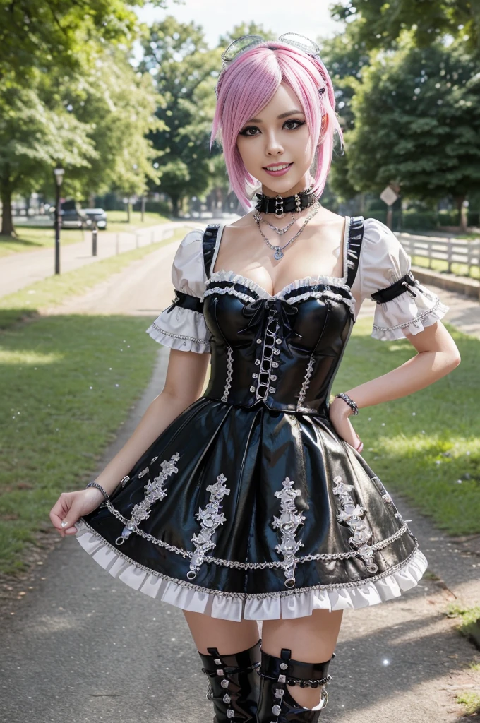 sexy stylish Swedish model, only 1 female, ((doll-like appearance)), short neon pink stylish hair, ((shiny Punk-Style boots)), (beautiful smile), ultra detailed eyes, Punk makeup, lipgloss, ((sexy Punk ta cosplay)), unconventional skirt, petticoats, high neckline, ((ultra detailed lace)), ((ultra detailed embroidery)), intricate details, tartan patterns, (silver chains), (silver spikes), (safety pins), Punk Loliccessoires, Punk Lolita cr, ((large sparkling Punk Lolita jewel, cinematic light, detailed large park background with trees