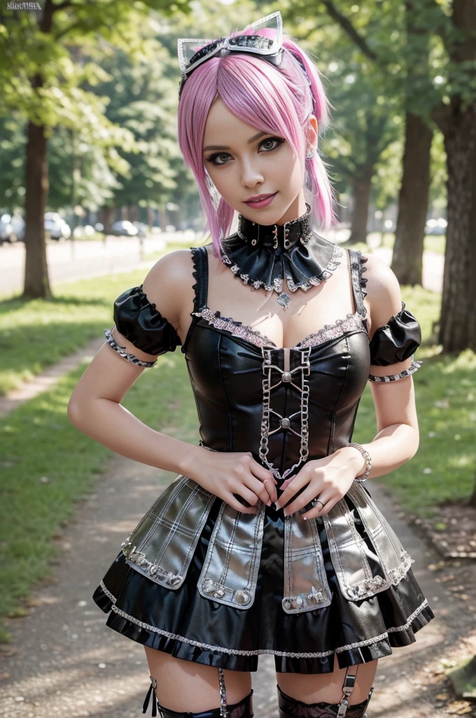 sexy stylish Swedish model, only 1 female, ((doll-like appearance)), very short neon pink stylish hair, ((shiny Punk-Style boots)), (happy smile), ultra detailed eyes, long lashes, metallic makeup, lip-gloss, ((sexy Punk Lolita cosplay)), unconventional skirt, petticoats, high neckline, ((ultra detailed lace)), ((ultra detailed embroidery)), intricate details, tartan patterns, (silver chains), (silver spikes), Punk Lolita accessoires, Punk Lolita choker, ((large sparkling Punk Lolita jewelry)), cinematic light, detailed large park background with trees