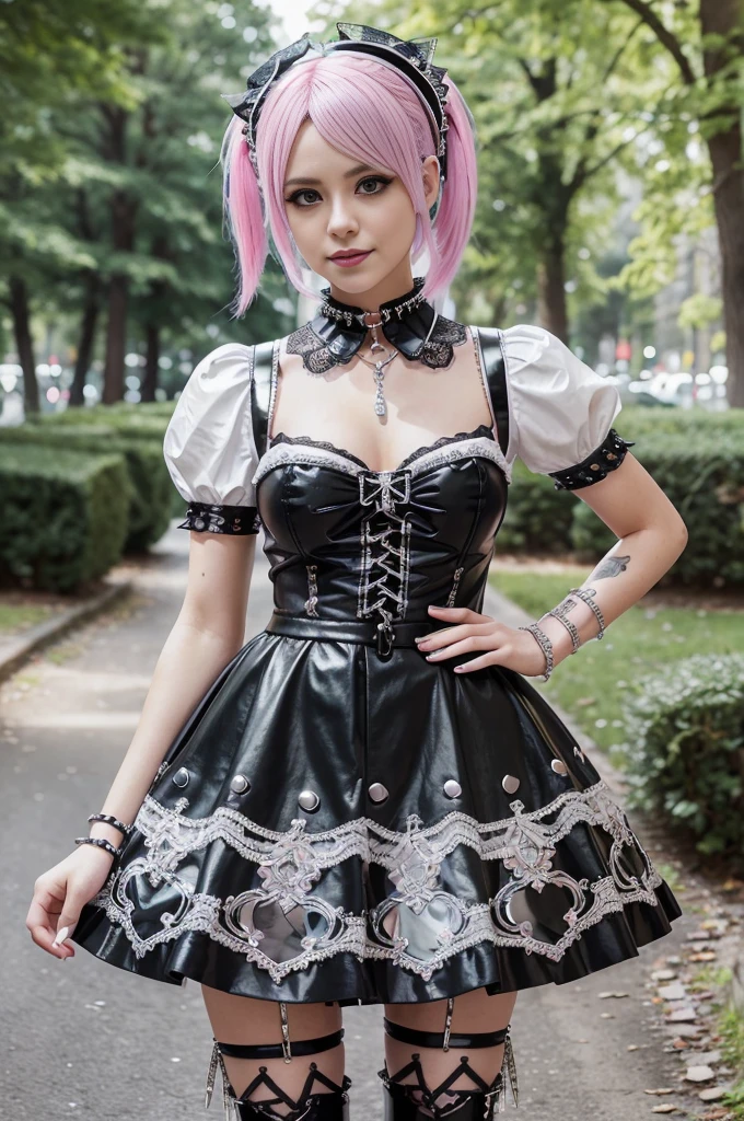sexy stylish Swedish model, only 1 female, ((doll-like appearance)), short neon pink stylish hair, ((shiny Punk-Style boots)), (beautiful smile), ultra detailed eyes, long lashes, metallic makeup, lip-gloss, ((sexy Punk ta cosplay)), unconventional skirt, petticoats, high neckline, ((ultra detailed lace)), ((ultra detailed embroidery)), intricate details, tartan patterns, Punk Loliccessoires, Punk Lolita cr, ((large sparkling Punk Lolita jewel, cinematic light, detailed large park background with trees