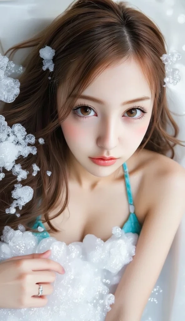 ((Christmas)), (snow), (christmas decor) araffe woman in a white towel standing in a bathtub, anna nikonova aka newmilky, bottom angle, spa,  thumbnail, 4 0 9 6, wearing a wet white short dress, bubble bath, 8 k  lighting, blonde, mixed art,  video screenshot, 👁🌹👾, whirlpool, loreta lux