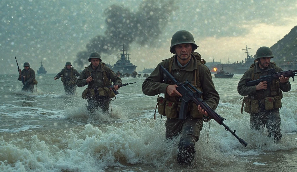 soldiers heading to the battlefield full of smoke and gunpowder ash