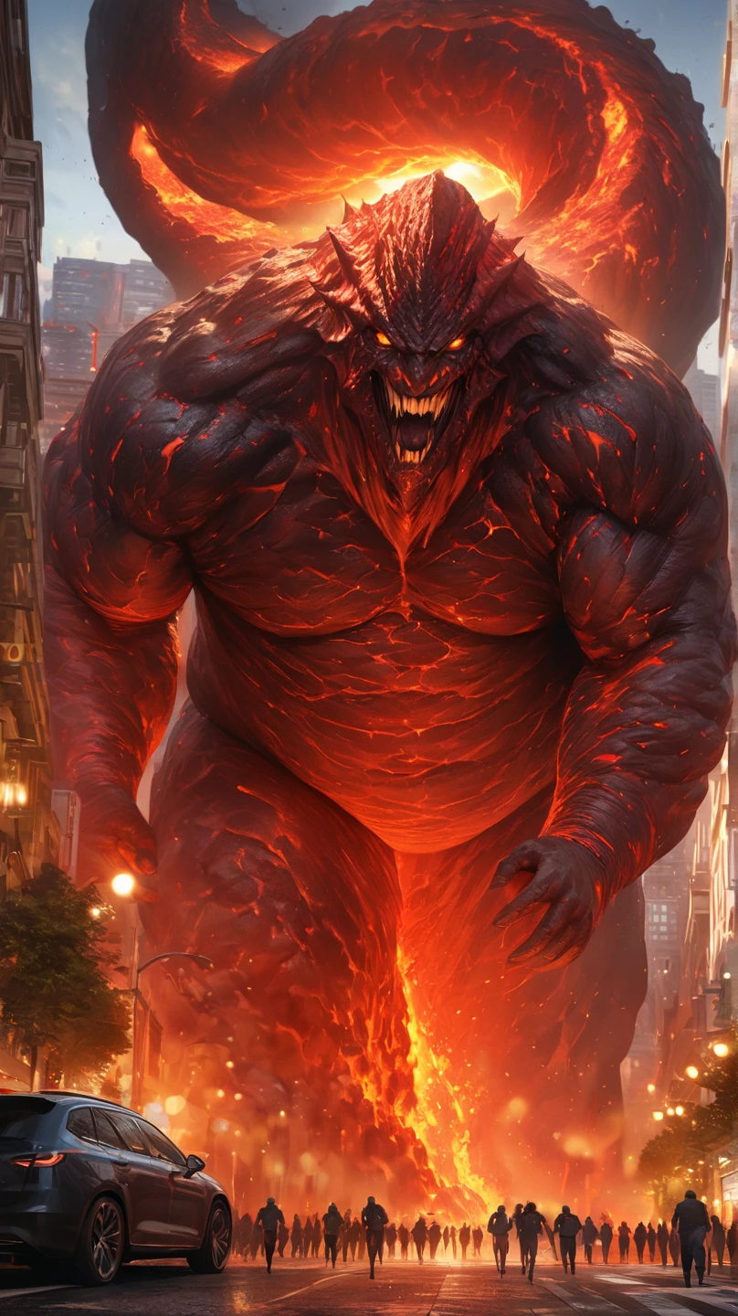 Epic Citizen Zootopia style, My Heroe Academia Character, Dungeons and Dragons style, A poor villager, Real life, Anime serie, Anime character, Obese muscle Obese Sumo wrestler Werebeast ???, full body pic (obese, strong legs and arms) Sumo wrestler Werebeast ???. Obese muscle fat ??? (bulky, wide, broad shoulders), Citizen obese Werebeast ???, Orc, male, Strong build, green hairy skin, chest hair, black beard, long sharp teeth, large thick lower canine teeth, thick pointed ears, (glowing eyes: 1.2), giant sized, no pants, larger than city, reclining on a battlefield, buckled boots, stepping on building, rampage, impact, his foot is breaking the ground, wearing a rag around waist, looking down, evil smile, thick arms, thick thighs, (large pecs: 1.2), fat pecs, (bara pecs: 1.3), macro, landscape dwarfing, city destruction, building destruction, ruined city, city on fire, city dwarfing, giant bulge in pants, tiny human soldiers