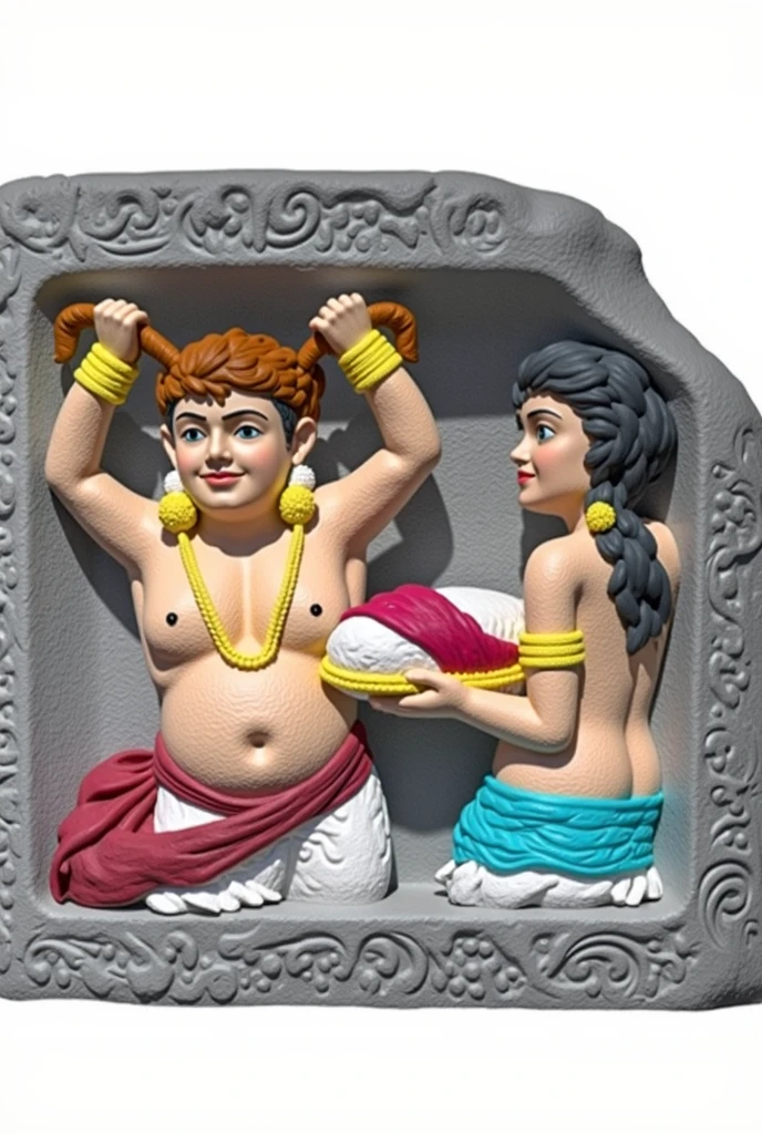 traditional Indian relief sculpture depicting two seated deities. The left deity, with curly hair and a garland around his neck, holds a cup in his right hand while his left hand rests on his knee. The right deity, adorned with elaborate jewelry and a serene expression, makes a gesture with her right hand, index and middle fingers extended, while her left hand rests on her knee. Behind them, a circular halo with intricate patterns emphasizes their divine status. The scene is framed by a rectangular border with a wavy outline.