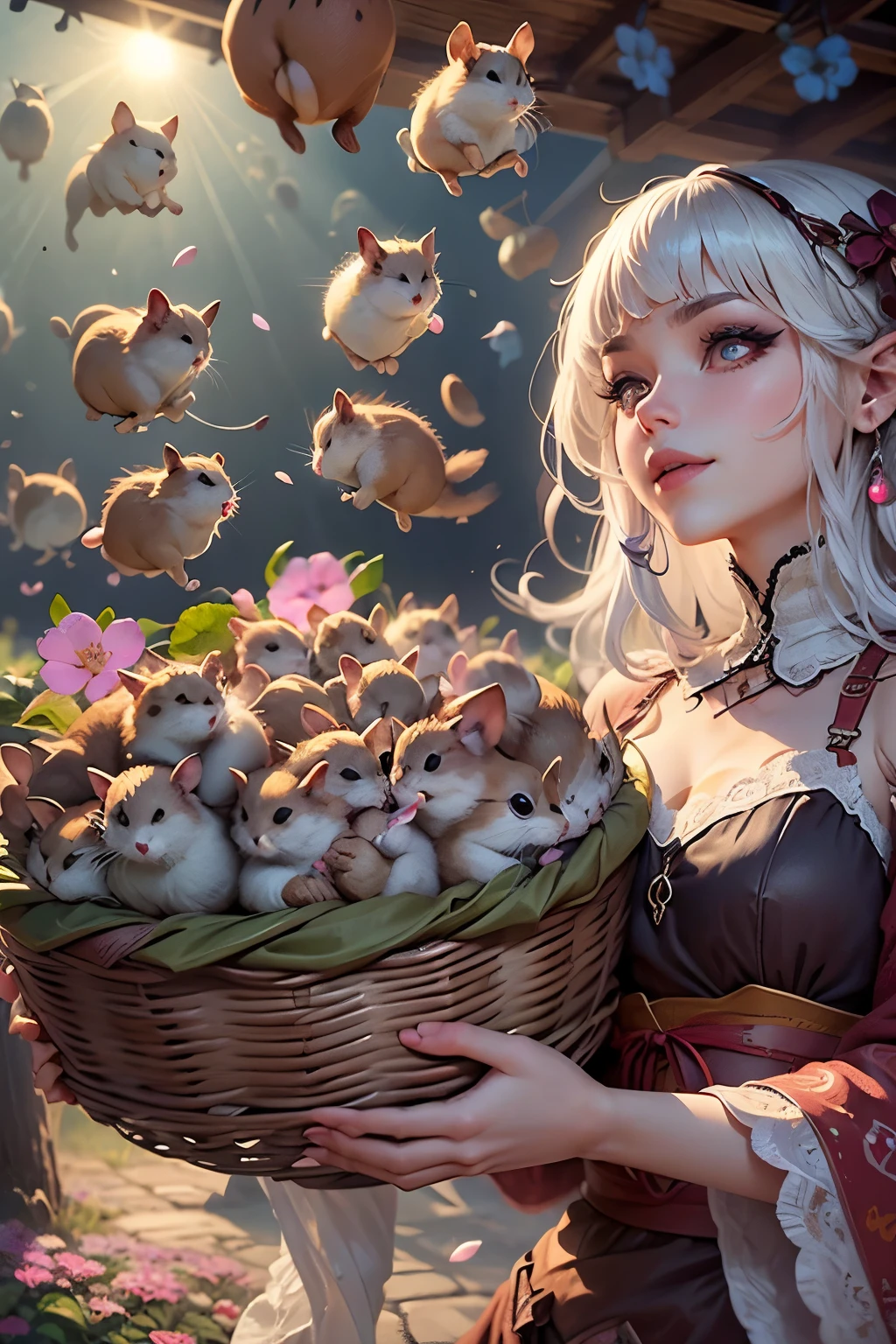 (Ultra-detailed face, Looking away, Gothic Illustration, Dark tone colors. She has five fingers on her hands and five toes on her feet.), BREAK 
(It is a spring afternoon when the sun shines brightly. A path leads up a gently sloping hill.),  BREAK 
(A female dark elf dancer holds a basket full of hamsters in one hand and a large wicker basket at her elbow, gently tossing them up into the sky with one hand. All around, hamsters are flying, running, lying down, and dancing.),  BREAK 
(She has pure white hair, pure white eyebrows, blunt bangs, very long, windswept, waist-length hair, small pink lips, lavender eyes, dark purple skin, and thick eyeliner. She smiles smugly.), (She is wearing a medieval European-style bohemian lace-up dress with cherry blossom embroidery, a cherry-colored lace ribbon tie, and cherry-colored laced sandals.)