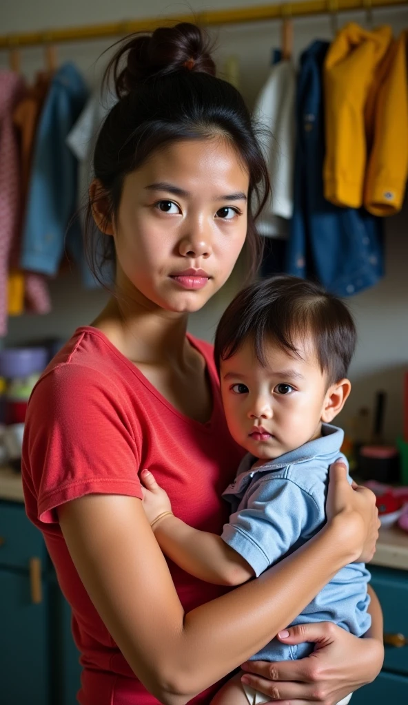 Portrait of a Vietnamese mother, around 30 years old, carrying her 3-year-old in her arms inside a room filled with many toys.