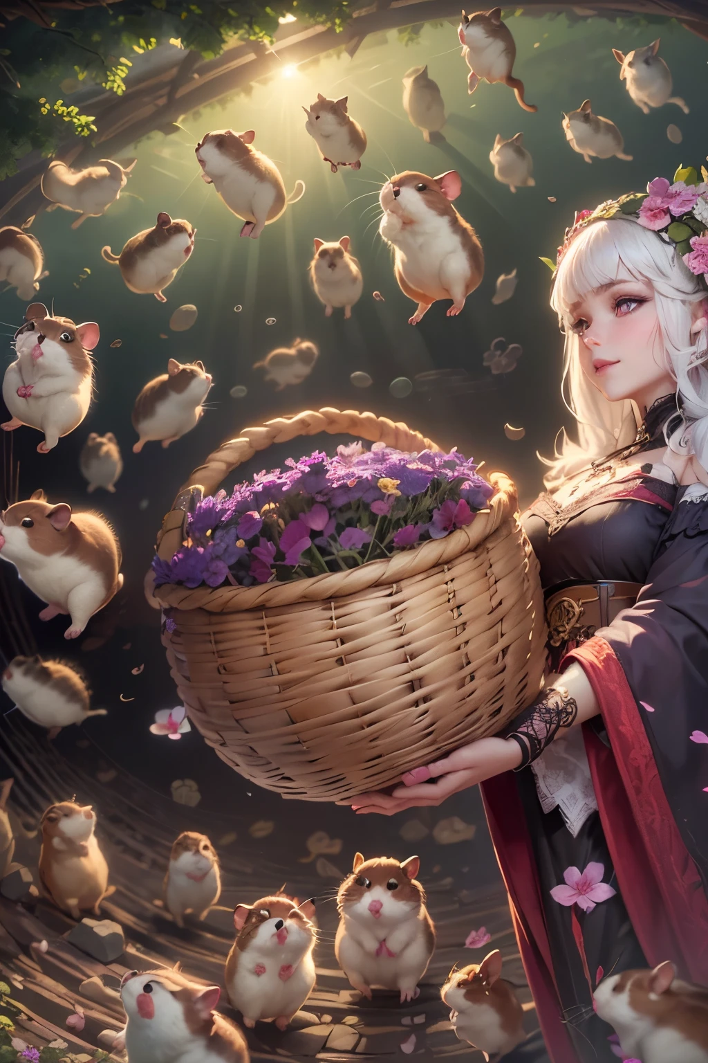 (Ultra-detailed face, Looking away, Gothic Illustration, Dark tone colors. She has five fingers on her hands and five toes on her feet.), BREAK
(It is a spring afternoon when the sun shines brightly. A path leads up a gently sloping hill.), BREAK
(A female dark elf dancer holds a basket full of hamsters in one hand and a large wicker basket at her elbow, gently tossing them up into the sky with one hand. All around, hamsters are flying, running, lying down, and dancing.), BREAK
(She has pure white hair, pure white eyebrows, blunt bangs, very long, windswept, waist-length hair, small pink lips, lavender eyes, dark purple skin, and thick eyeliner. She smiles smugly.), (She is wearing a medieval European-style bohemian lace-up dress with cherry blossom embroidery, a cherry-colored lace ribbon tie, and cherry-colored laced sandals.)