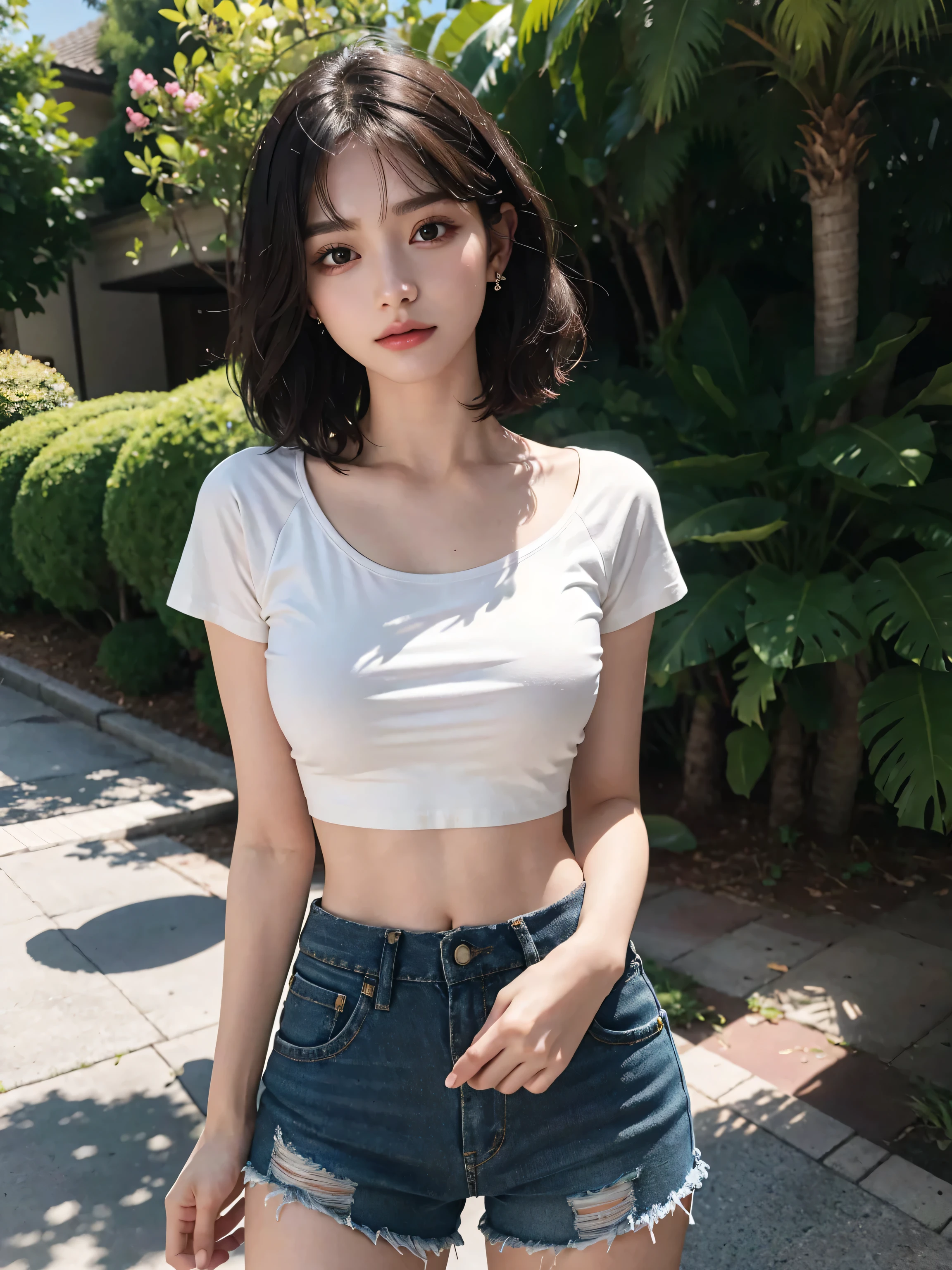 Beautiful woman, dancing in the middle of the street, short clothes, 22 years old slim girl model, cut t-shirt, skinny denim shorts