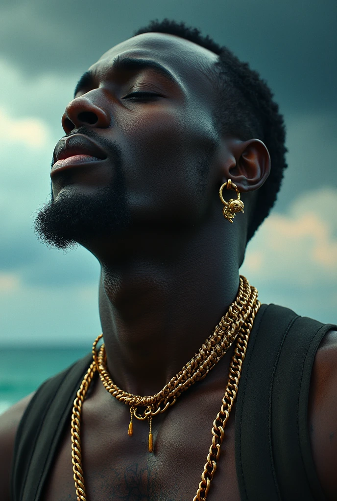 a black man wearing gold jewelry and yellow shorts, sitting and looking at a sunset beach landscape, full body view, 3d render, highly detailed, cinematic lighting, vibrant colors, photorealistic, intricate details, beautiful scenery, serene atmosphere, golden hour, warm tones, glowing skin, volumetric lighting, dramatic composition, masterpiece