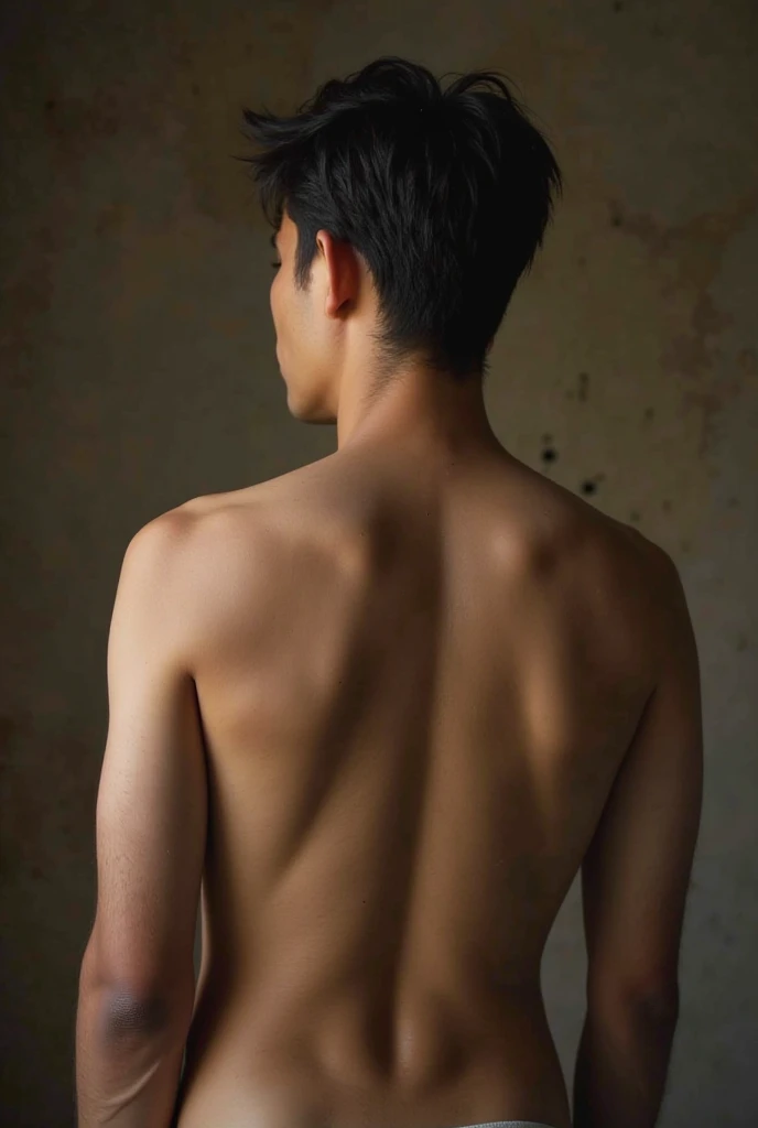 A tall naked Asian man not too muscular but with abs. Il a la peau blanche comme de la porcelaine. he has no beard. He has his hair tied up. 