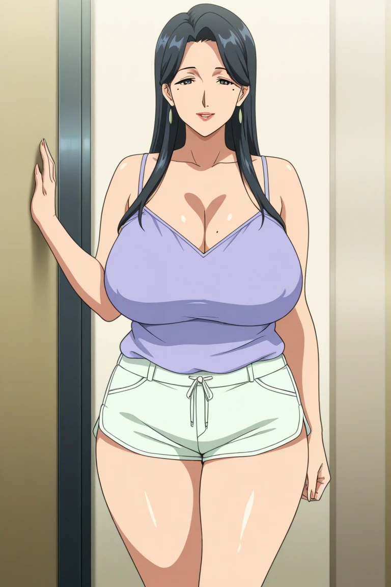(masterpiece, best quality), detailed, 1girl, solo focus, happy smile, open mouth, kumashiro maya, hairband, white dress, bracelet, black thighhighs BREAK shiny glossy skin, milf, mature women, standing, chubby, plump, looking at viewer