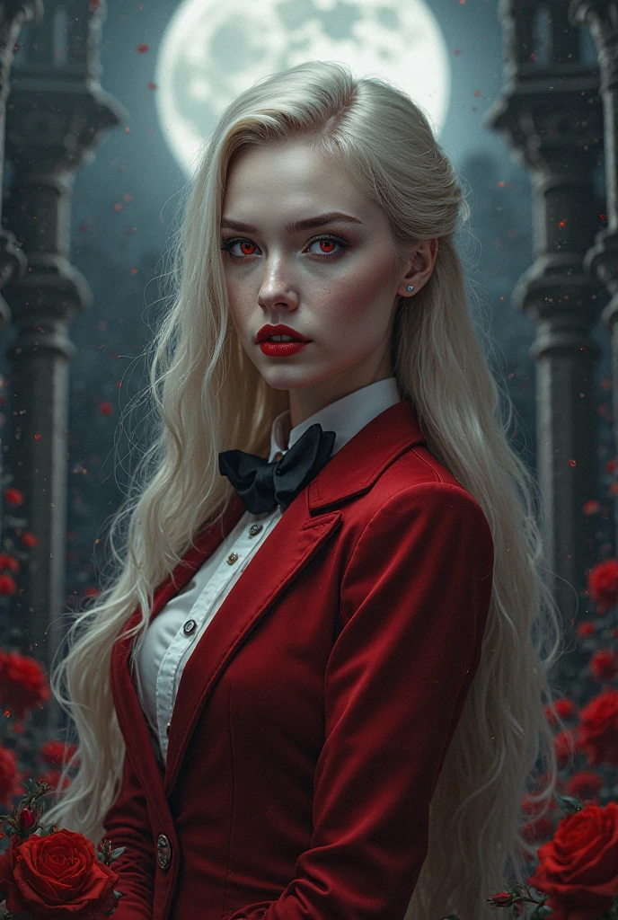 work of art, highest quallity, (focus only), (face perfect:1.1), (high détail:1.1), (hyper detailed eyes), Dramatic, 1 girl, (pale skin), long blonde hair, (red irises), Individual focus, vampyre, long hair, moonligh, natta, Red luxury suit, fleshy lips, castle, detailed back ground, artwork by Artgerm, cinematic lighting, red roses, lo fashion