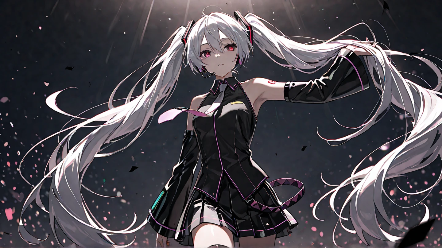 (White Costume) (1 Girl, Solo, Brunette Hair, Sharp Face, Low Double Tail, Red Eyes, Hair Between Eyes, Dynamic Angle, Magic Circle), Blood Splash, Rotating Black Light Around the Character, Depth of Field, Black Light Particles, (Broken Glass),, 30 Years Old, Beautiful Girl, Ultra Detailed, Official Art, Unity 8k Wallpaper, BREAK, Neon Lighting, (Vibrant Glow): 1.2, Dynamic Color, Striking Contrast, Futuristic Atmosphere, Light and Shadow, Reflective Surface