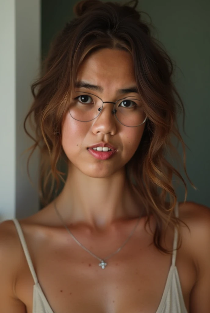 (8k, RAW photo, highest quality), highest quality, absurdres, extremely detailed, sharp focus, professional lighting, 8k wallpaper, A photo of a beautiful cute korean girl, big lips, bimbolips, (huge lips:1.1), enormous lips, dimples, cheekbones large round-rimmed glasses, big circle glasses extremely high-resolution details, photographic, realism pushed to extreme, fine texture, 4k, ultra-detailed, high quality, high contrast, bimbolips