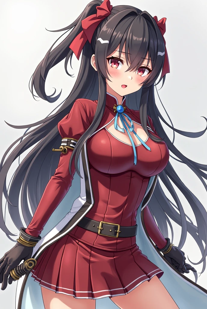 red-brown hair womanher eyes brown and her clothes a skirt pink and ribom pink night with stars, fighting with her super gun pink with your black cat fighting,