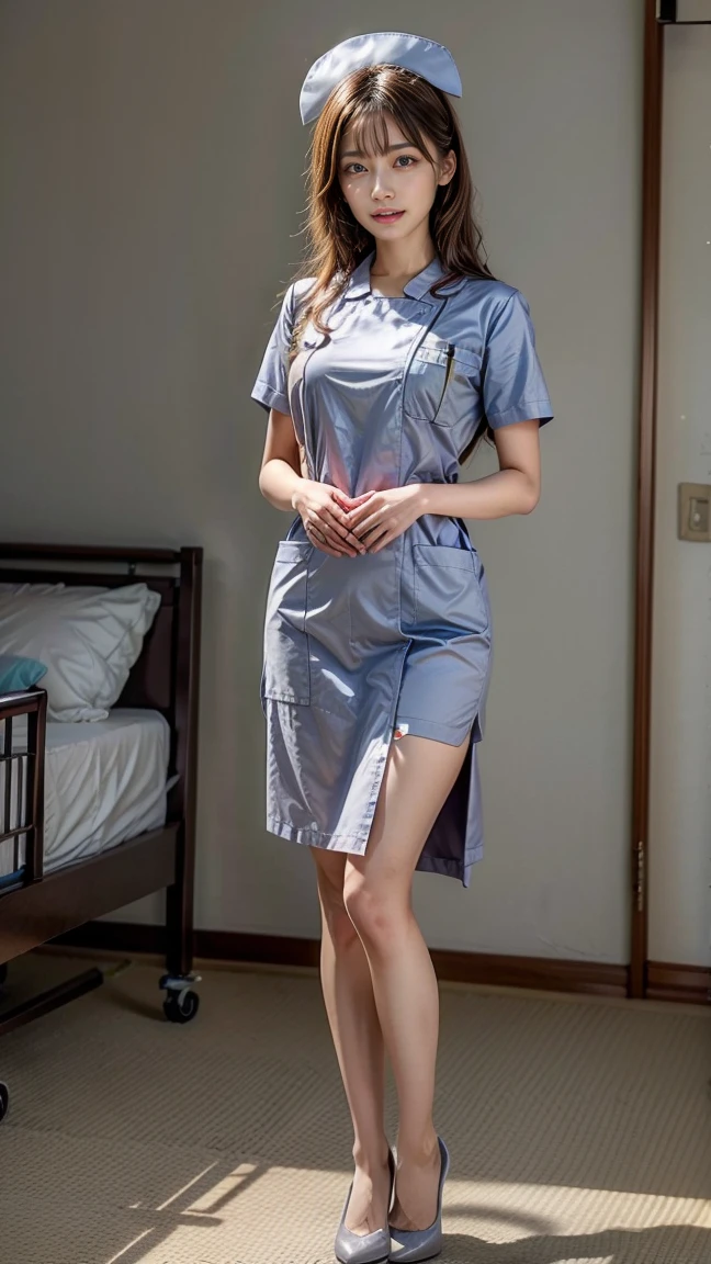 (full bodyesbian:1.5),(1girll:1.3),(view the viewer:1.4),(anatomy correct:1.4),(Sit on top of the hill:1.2),(Wear a nurse's uniform:1.2),( Girls pointed-toe thick heels :1.1),(Accurate and perfect face:1.3),(Long legs:1.3),hyper HD, Ray traching,structurally correct, Award-Awarded, High detail, Masterpiece, super detailing, High quality, High detail, Best quality, 16k,High contrast,No leaks,Underwear wraps around the breasts,The breasts are not visible,Over-the-knee skirt