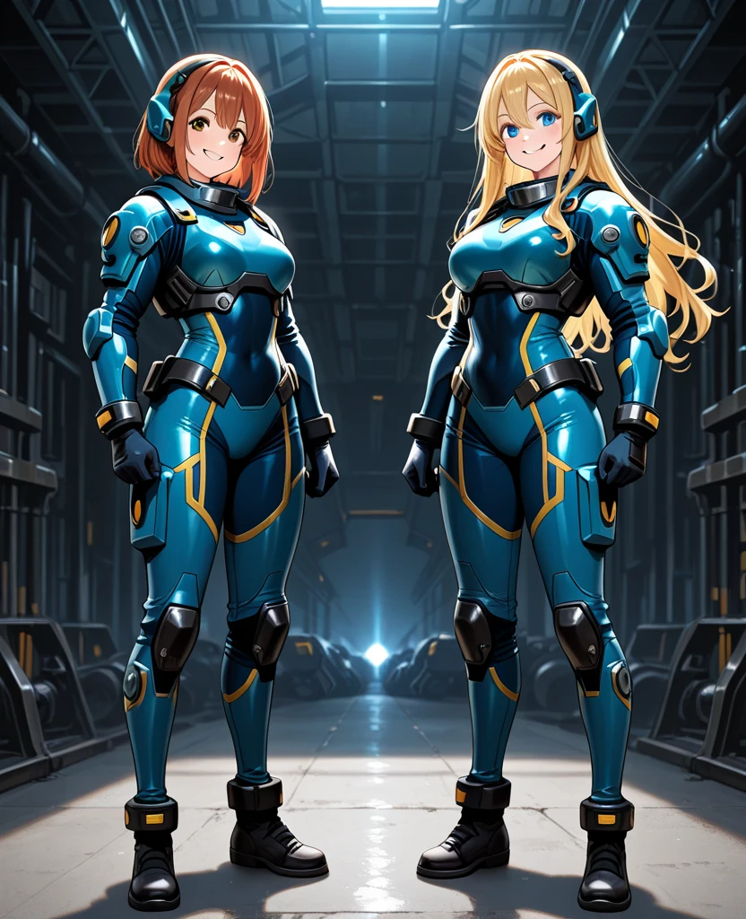 anime characters in blue and black outfits standing in a line, oppai cyberpunk, cybersuits, gynoid body, biomechanical oppai, thicc, thick smooth warframe thighs, diverse cybersuits, cyber suit, fully robotic!! catgirl, perfect android girl family, ecchi anime style, cybersuit, cyber universe style, ecchi style