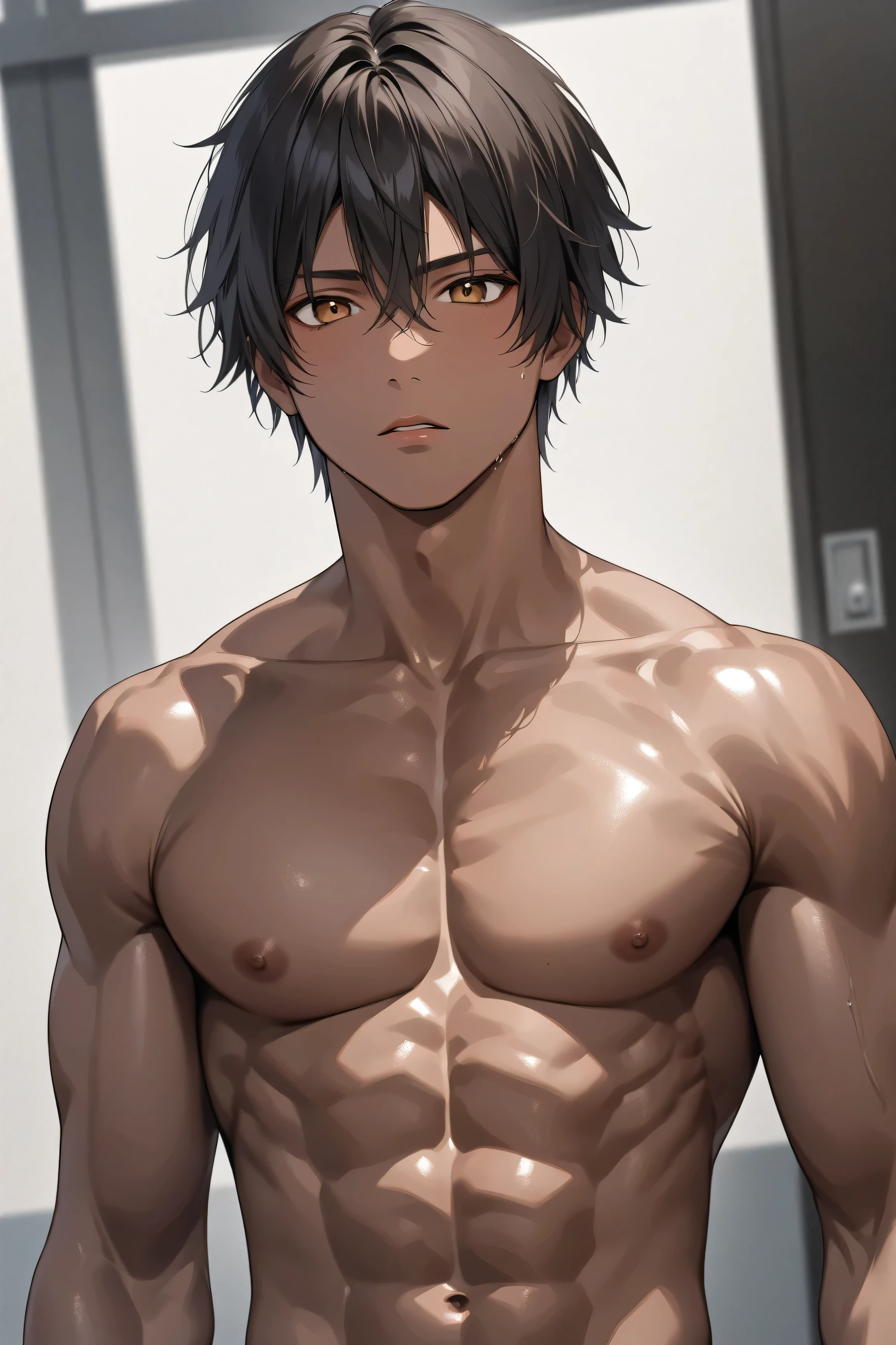 High Quality, Details, photo realistic (dark brown skin black hair Japanese muscular school boy), (Details eyes), (dark brown face), looking for viewer, naked, areola, nipple, black tiny thong, bluge,