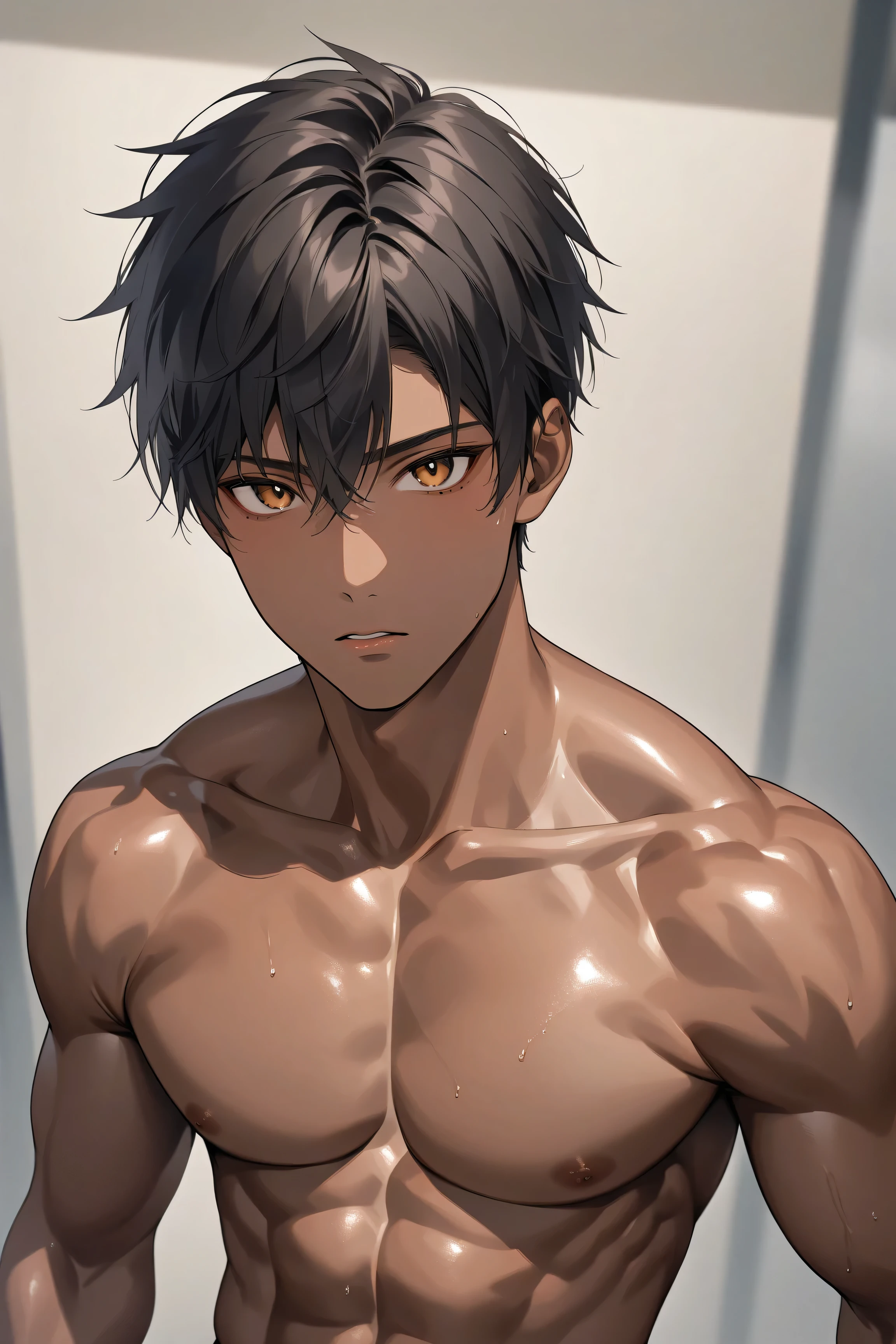 High Quality, Details, photo realistic (dark brown skin black hair Japanese muscular school boy), (Details eyes), (dark brown face), looking for viewer, naked, areola, nipple, black tiny thong, bluge,