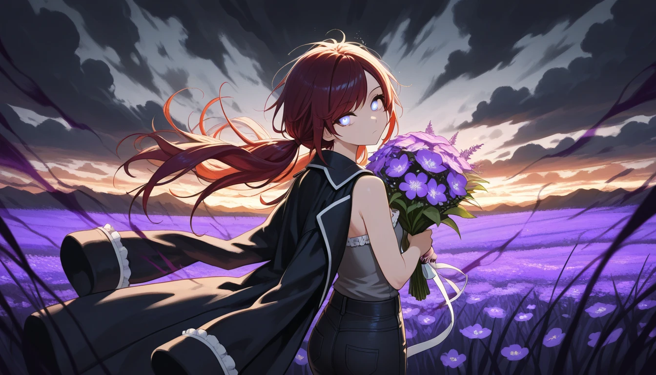 (masterpiece:1.2, Best Quality), (finely detailed beautiful eye: 1.2), (beautiful detailed face), (masterpiece:1.2, Best Quality), (finely detailed beautiful eye: 1.2), (beautiful detailed face),from above, from behind, looking out to sea, storm clouds, dark aura, dark energy, bristly hair, glowing eyes, dark aura, shadowy aura, upper body, thin girl, holding bouquet of purple flowers, expressionless, :l, Gray eyes, lifeless eyes, head tilt, dark red hair, swept bangs, low twin tails, white ribbons, strapless sleeveless shirt, gray shirt, shirt with white trim, frill trim, black coat worn over shoulders, black jeans, black nails, thin thighs, thin legs, field of colorful flowers , tall grass, atop cliff, close up, messy hair, stoic, shadowy aura, dusk, few stars,