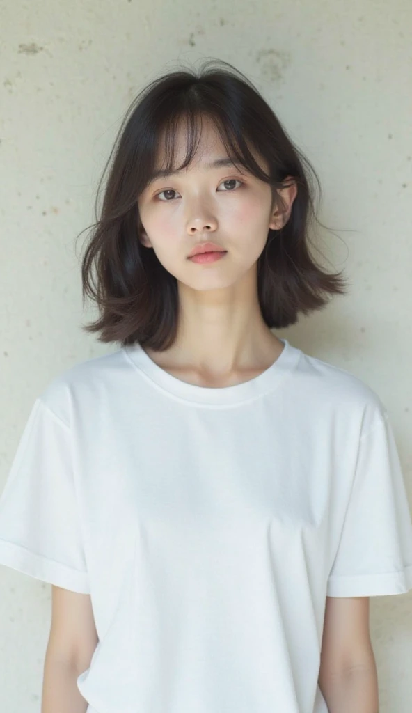 (top-quality、16K resolution) 1 girl、solo、natural soft light、Looking at the camera、Long sleeve white T-shirt、Concrete background、Facing the front、is standing、Woman in her late teens、Light bangs、short-hair、Salon model、Natural look、portlate、floated hair、Rolled hair