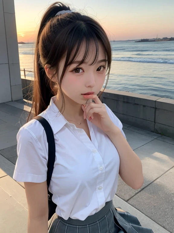 Beautiful schoolgirl staring at camera, short cut, face up shot, summer clothes, puberty, dusk, frontal, portrait