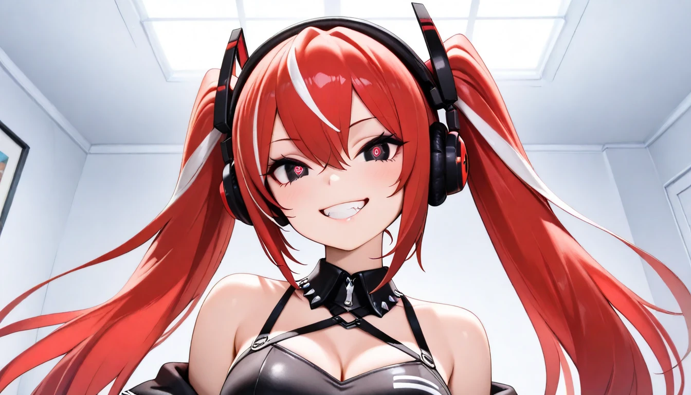 incredibly absurdres, best quality, 8k wallpaper, sharp focus, fine edges, depth of field, downblouse, legs apart, looking at viewer, (mature female character, 1girl, small breasts, cleavage, red hair, hair tubes, (long hair and streaked hair:1.3)), retro eyes, (happy:1.2), wearing body suit with earclip and headphones around neck, indoors, finely detailed background, amazing background