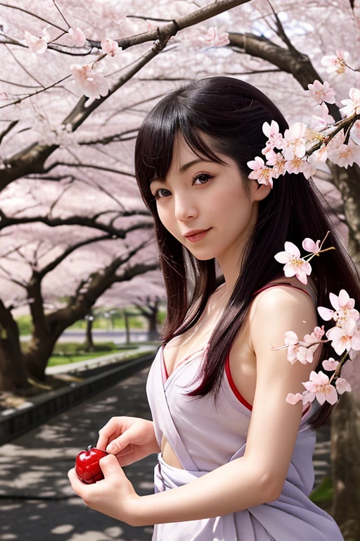 最high quality、high quality、best image quality、8K、最High resolution、High resolution、最high quality、masterpiece、Realistic human body in every detail、Realistic skin in every detail、Realistic face in every detail、Realistic eyes down to the details、Realistic lips in every detail、Realistic teeth in every detail、Realistic ears down to the last detail、Realistic hair down to the last detail、Realistic arms down to the last detail、Realistic reproduction of every detail、Realistic fingers in every detail、(fine hands、thumb１reference４)、Realistic feet in every detail、((beautiful japanese girl))、(japanese model), (japanese woman)、((18 year old beautiful girl))、(black hair)、(random hairstyle)、((whole body))、((beautiful upturned chest))、(slim style、slender style)、(whole body光沢肌、Fair skin)、soft natural light、Furisode、kimono、yukata、japanese traditional、Japanese garden、((Sheer see-through(花柄入り丈の短いkimono))、((Squatting under a cherry tree in full bloom(Pose that makes your thighs look beautiful))