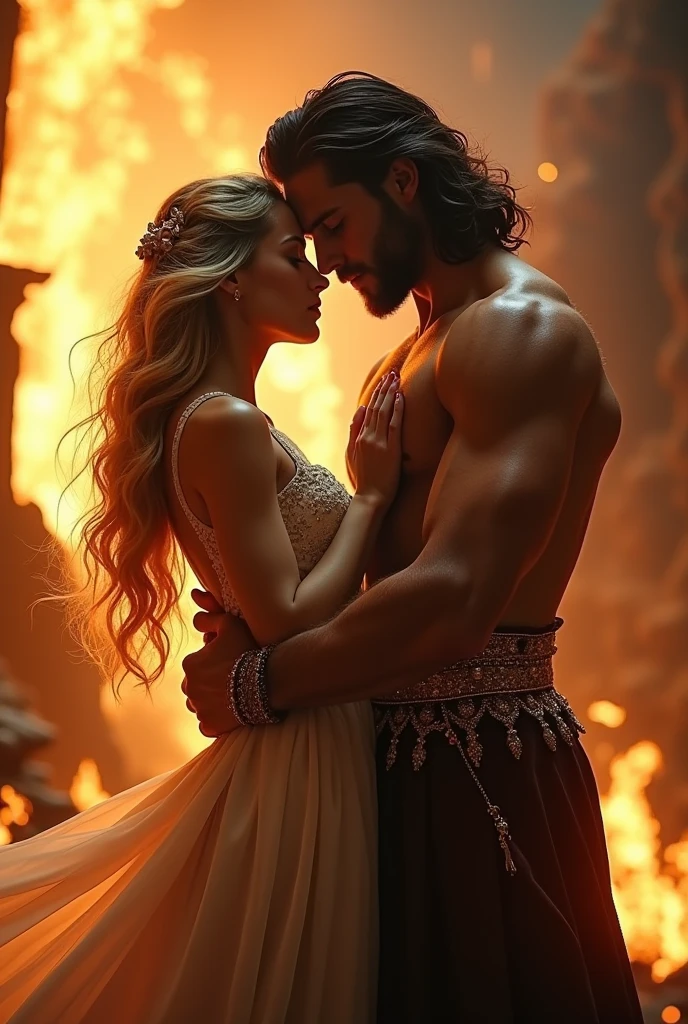 Um Homem lindo forte com asas vermelhas e umaem espada de fogo