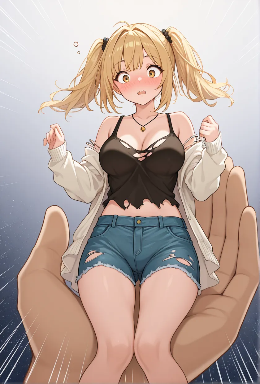Girl Doll,Solitary,rest,((Top view)),(The zipper is not closed),Blonde,elegant,Pointed ears,whole body,Chinese element pattern,thigh,(((Leaking thigh))),full,Transparent openwork,Deep V,(triangle denim shorts),stocking,leggings,(Brushstrokes,Impressionism,painting,Rich scenery),Disheveled,Chest contour,(((Wet clothing))),(((Ultra-thin clothing))),((Flesh outline)),Grinning