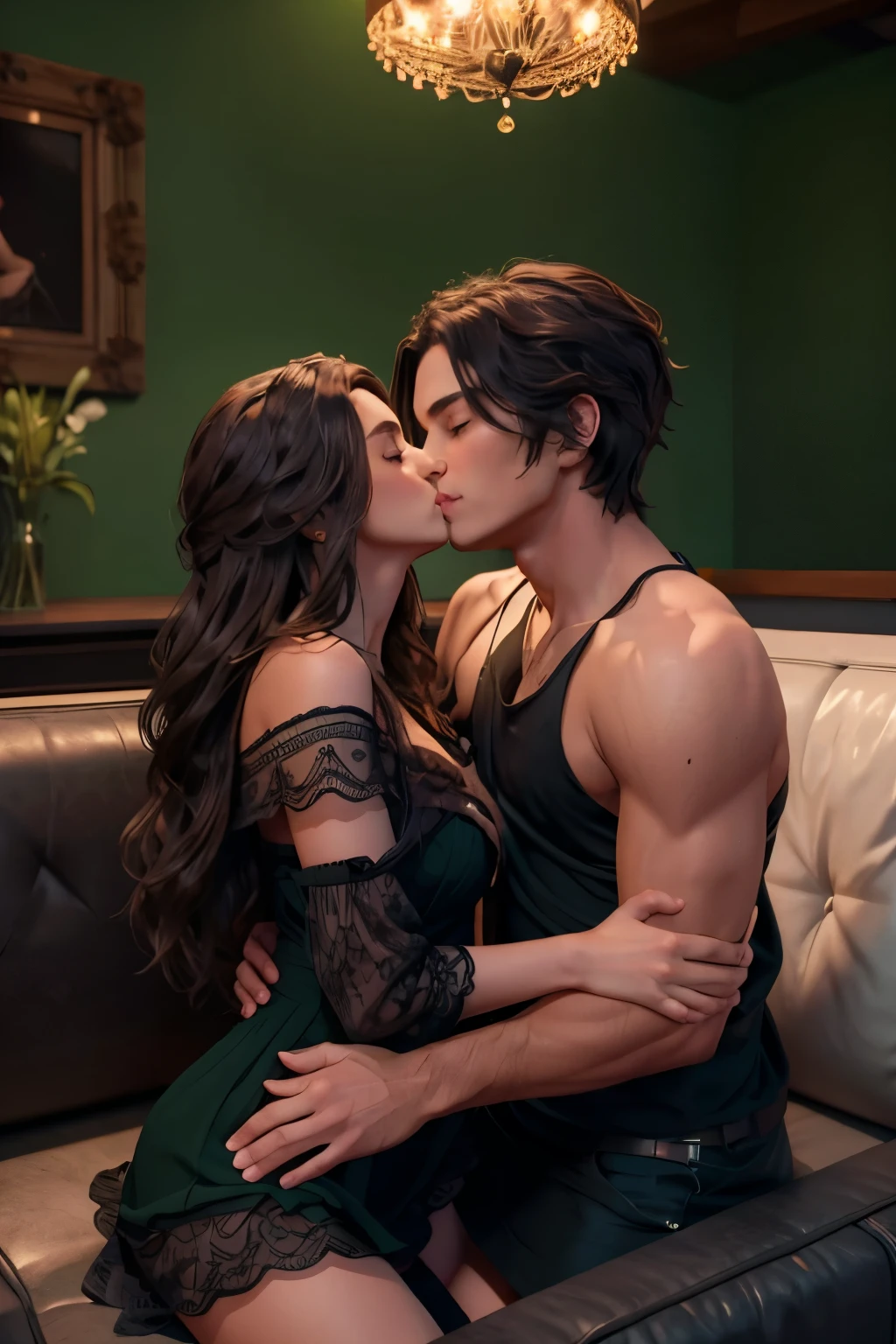 Sexy MILF with long wavy brown hair wearing a black lacy sundress and a brown miniskirt kissing and making out passionately with a young boy on the couch, intimate, green color grading