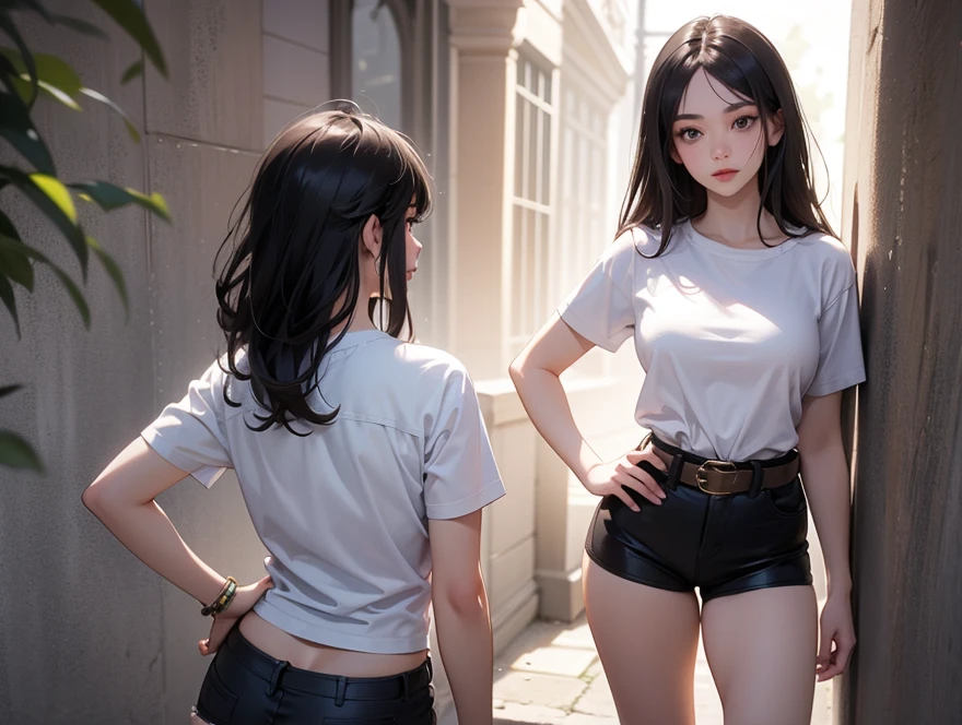 Realistic, Two girls staring at each other, Long Shot, 1 small, short woman (Are standing) In a bikini, Long Hair, barefoot, 1 Mini Giant Mini Girl (feminine, Thin body type, sexy, Torn clothes, Sweat), (Mid-chest: 1.5) Look down, Dynamic pose, In a tank top, Scenes involving two women, Pay attention to the height difference, Couple, skirt, Upset face (Highly detailed skin), Detailed face, 8K Ultra HD, Soft lighting, high quality, Full body portrait.