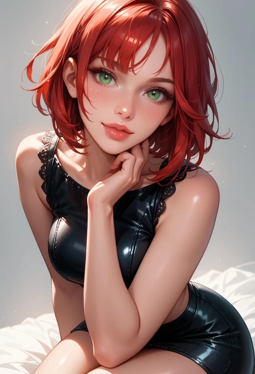 super high image, super detail, super high resolution, lip focus, beautiful sexy girl, red alluring moist lips, tongue, saliva, ecstatic expression, amorous expression, seductive look, orange glossy flowing layered messy wavy short hair, green sparkling big eyes, shiny skin