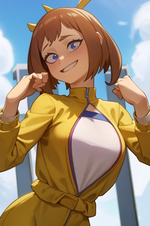 masterpiece, best quality, pkmnDelia, ponytail, pink shirt, blue skirt, smile, cowboy shot, large breasts, :D, hands up, fists, excited, blue sky, clouds, house
