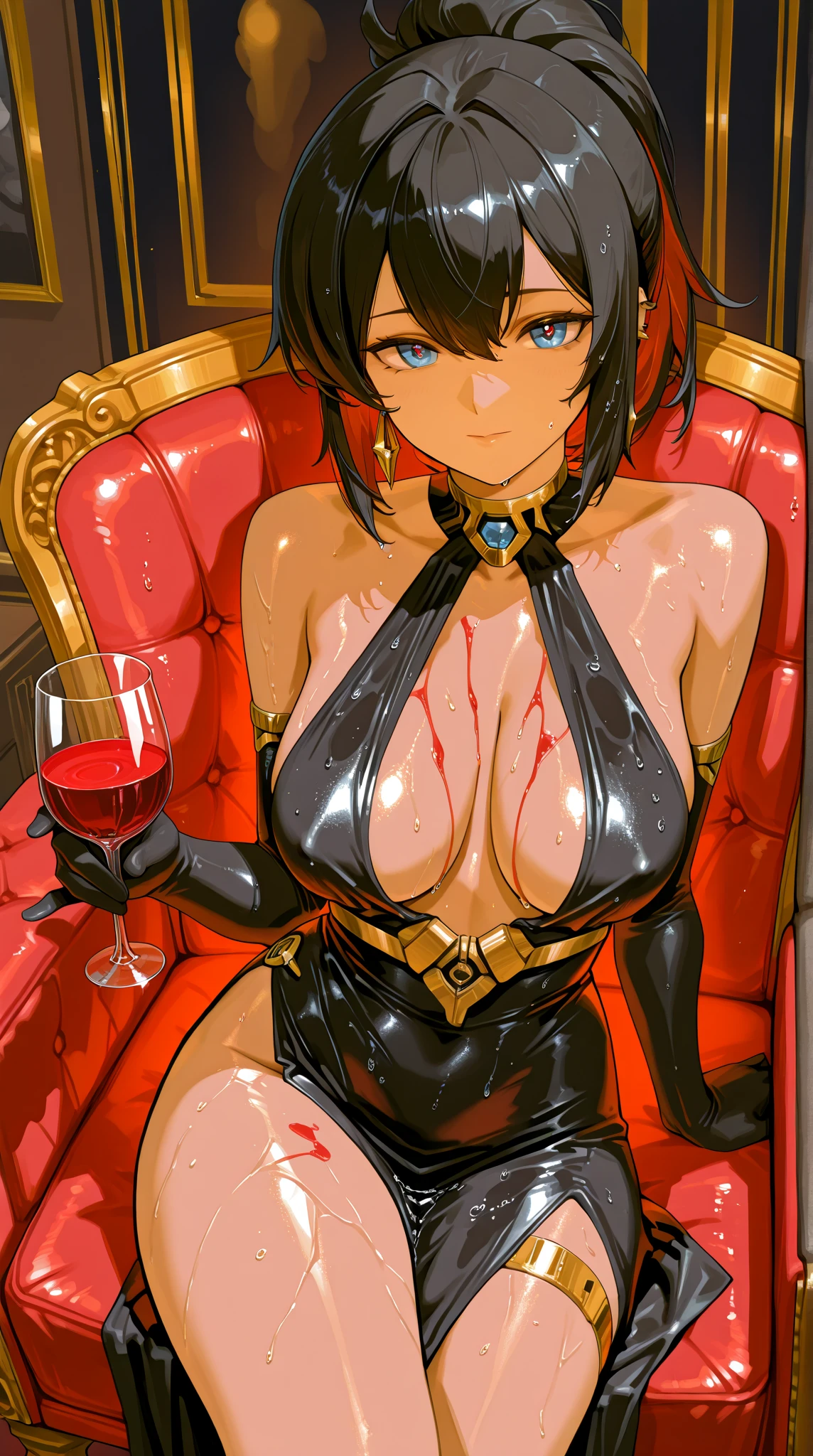 ((masterpiece, high quality, best quality, highres, ultra-detailed, 8k:1.4)), eliza, 1girl, solo, huge breasts, grin, dress, cleavage, black dress, blood, sideboob, makeup, halterneck, bob cut, tiara, shawl, snake, hagoromo, ankh, posing, holding, splashing, splashing blood, blood, transformation, ((skeletal arm)), night club, from above, glowing, glowing eyes, dark atmosphera, cinematic light, egyptian ruins background, <lora:Eliza-10:1>