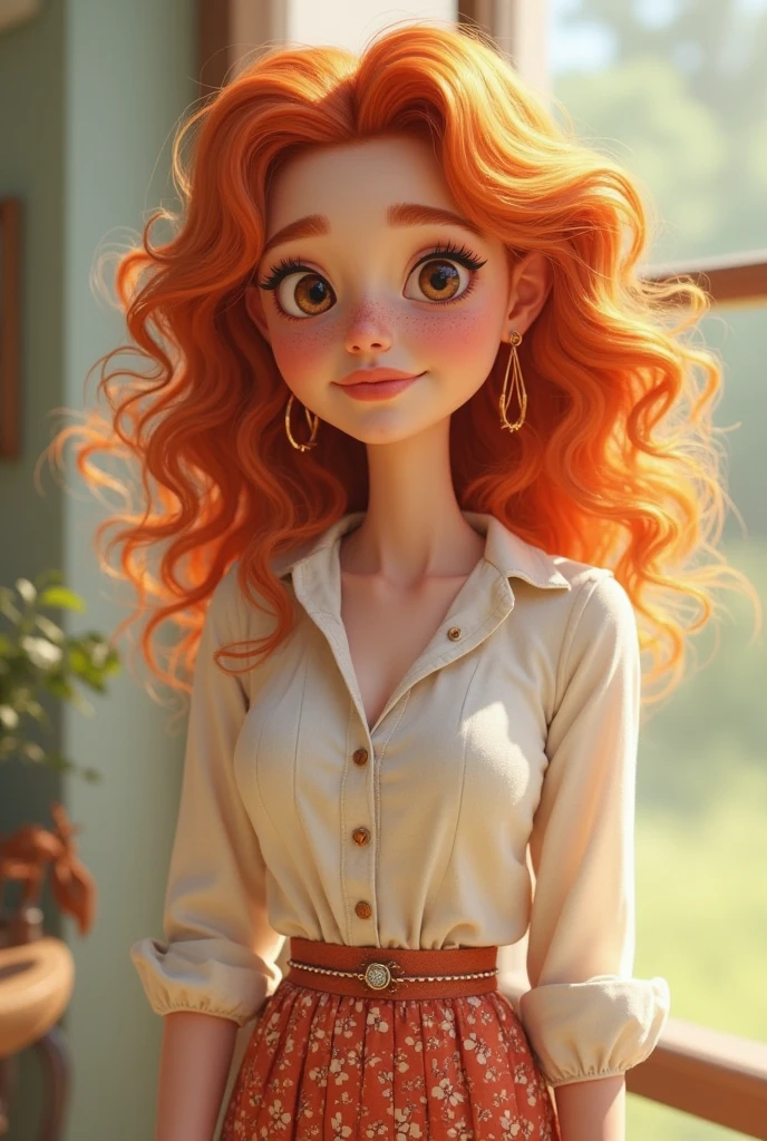 masterpiece, best quality),1 16-year-old girl, Wavy redheads, Round glasses, curls, Smile, Black T-shirt, Wide-leg jeans, Hands on waist, Warm lighting, Blurred foreground, Selfie photo.
